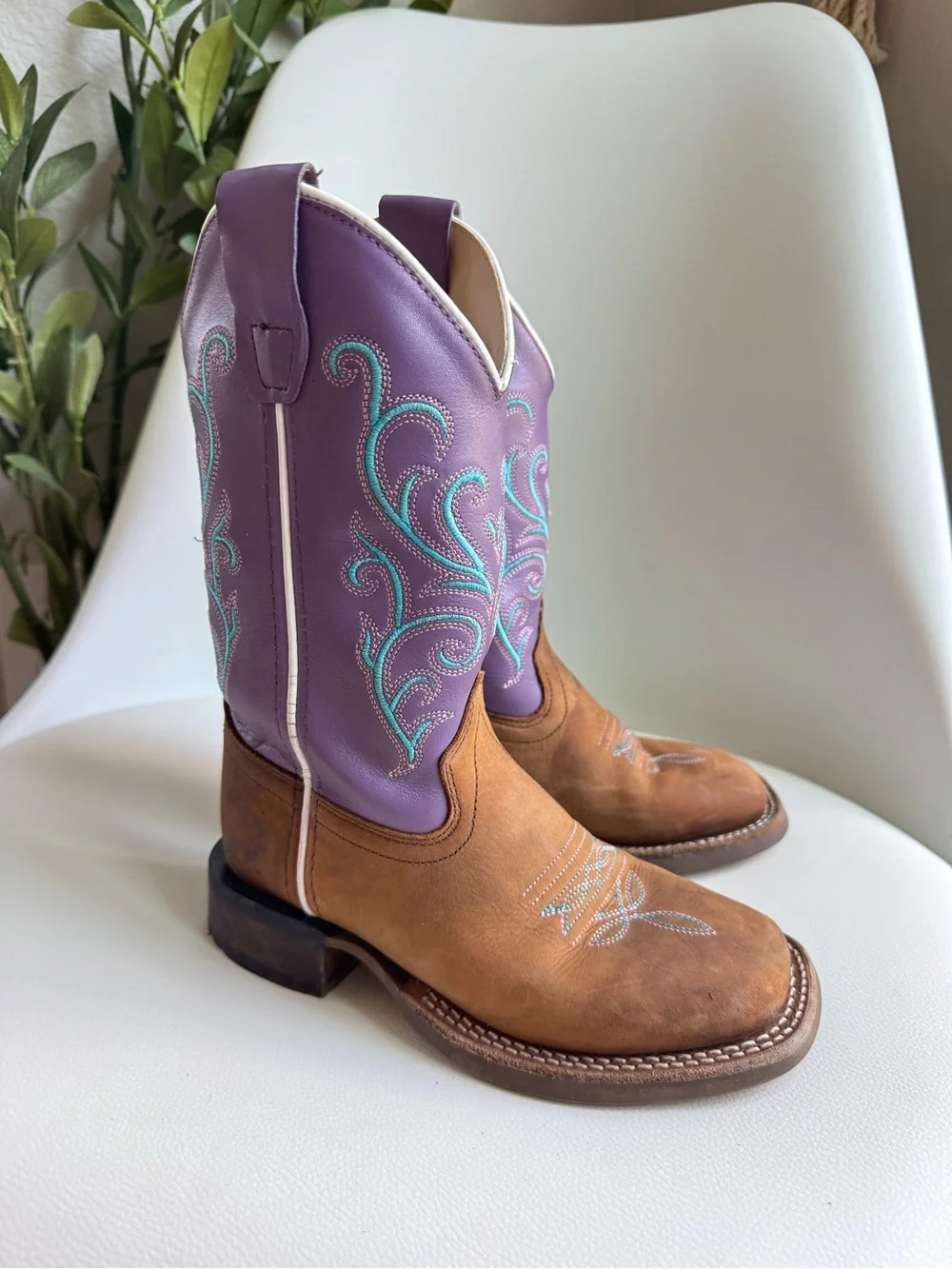 Old West BSC1907 Girls Cowboy Boots Size 12D Brown Purple Leather Western